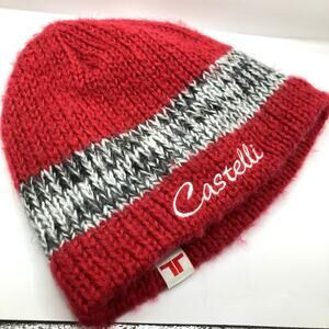 Castelli Adult OS Red & Gray Stripe Knit Fleece Lined Beanie Ski Winter Cycling